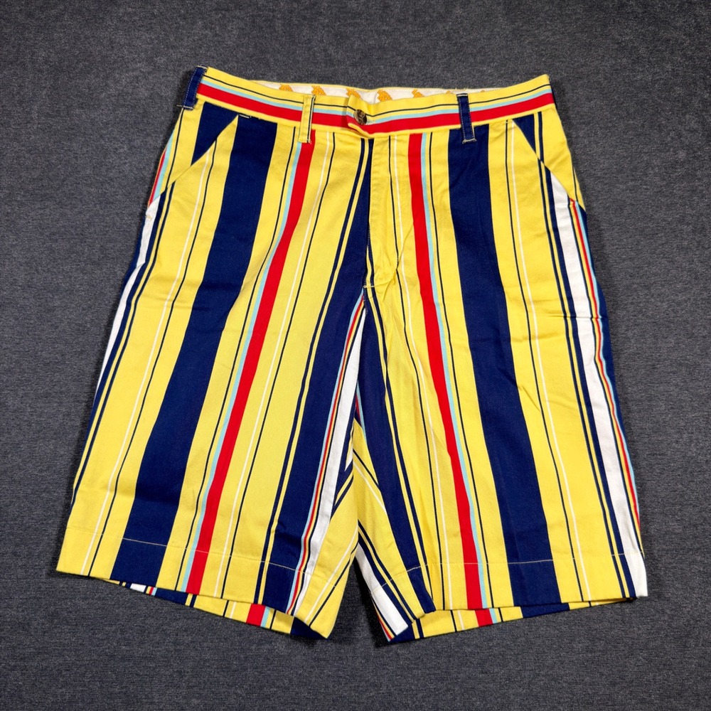Loudmouth Golf Shorts Mens 32 Yellow Striped Cotton Blend Flat Front Casual Prep